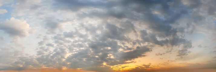 Horizon sky clouds panorama. Dramatic twilight sky and cloud sunset background