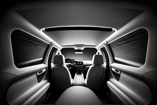 The dark interior of the silver SUV it rides in through the highway tunnel. Computerized public transit system. Used a car of their own design that was generic but did not exist. Generative AI