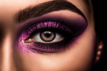 Obraz premium Close up of beautiful woman purple eye make up. Ai generative.