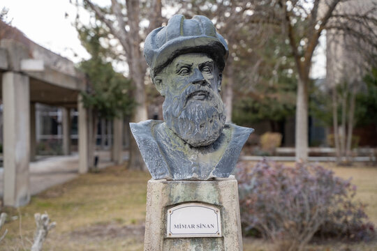 Ankara, Turkey - February 25, 2023: Mimar Sinan statue at Middle East Technical University. Mimar Sinan was the chief Ottoman architect and civil engineer for sultans.