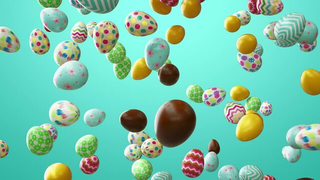 Beautiful Easter background with colorful Easter Eggs falling down. Professional Cinematic 4K 3d Animation.