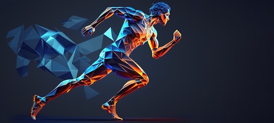 Obraz premium Body of man runner made of polygons jogging over dark blue background. Concept of hi tech in sport. Toned image mock up. copy space for text by ai generative