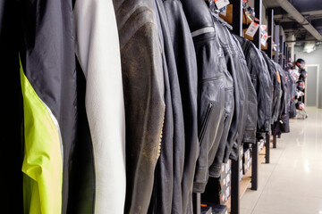 Leather motorbike jackets in a row