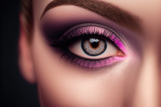 Close up of beautiful woman with pink eyeshadow. Ai generative.