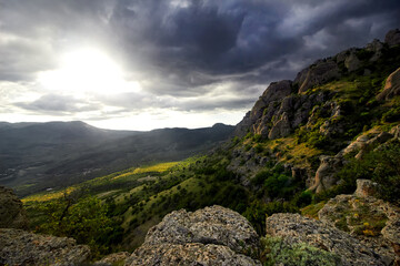 Majestic sunrise or sunset in the mountains landscape. Dramatic sky.