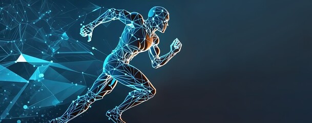 Body of man runner made of polygons jogging over dark blue background. Concept of hi tech in sport. Toned image mock up. copy space for text by ai generative