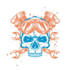 Skull in motorcycle glasses on the background of wrenches and engine. Vintage vector illustration. T-shirt design, emblems