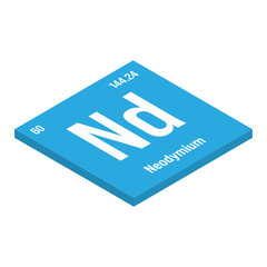 Neodymium, Nd, periodic table element with name, symbol, atomic number and weight. Rare earth metal with various industrial uses, such as in magnets, lasers, and as a component in certain types of