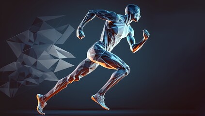 Fototapeta na wymiar Body of man runner made of polygons jogging over dark blue background. Concept of hi tech in sport. Toned image mock up. copy space for text by ai generative