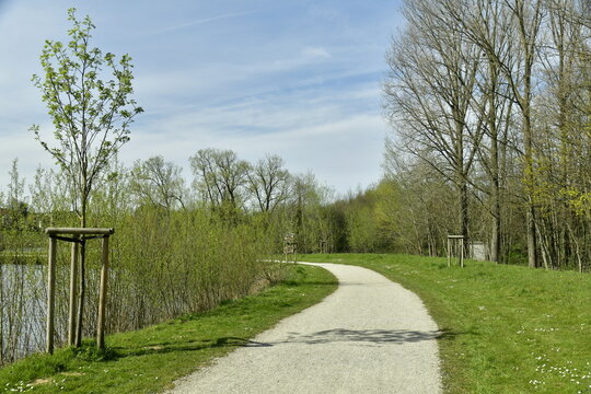 Chemin en gravier clair longeant bois et plans d'eau au parc du Paradis &agrave; Braine-l'Alleud 