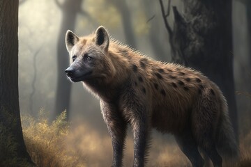 Wild dog standing in the middle of the forest, a beautiful wildlife background image