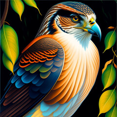 Fototapeta premium Sharp-shinned hawk surrounded with leaves, created with Generative AI technology