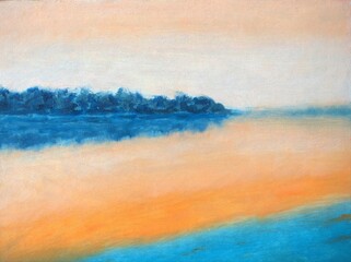 Tropical river at dawn. Oil painting of Asian river. Orange and blue landscape