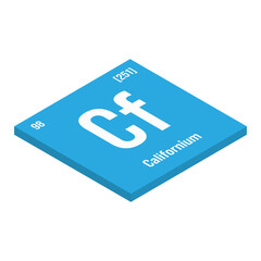 Californium, Cf, periodic table element with name, symbol, atomic number and weight. Synthetic radioactive element with potential uses in scientific research and nuclear power.