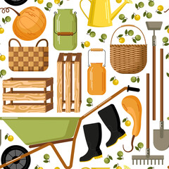 Seamless pattern set of gardening tools and supplies