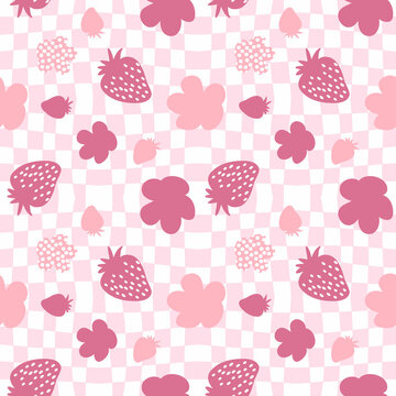 Psychedelic seamless pattern with strawberries and spotted flowers on trippy grid. Groovy summer print for fabric, paper, T-shirt. Hippie aesthetic illustration for decor and design. © Anna