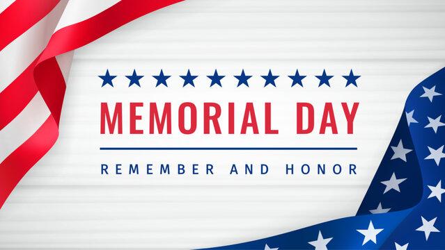 Memorial Day - Remember and Honor Poster. U.S. Memorial Day Selebration. American national holiday. Greeting card with text and USA flag with folds on white wooden background. 3d vector illustration