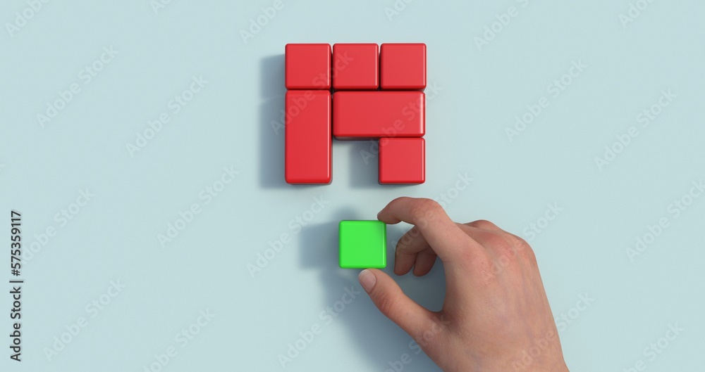 Poster business process management and automation concept with person moving wooden pieces on flowchart dia