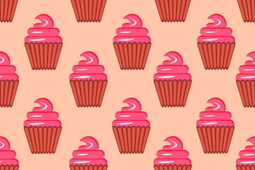 Seamless pattern with cupcakes. Endless background with birthday cupcake with pink icing. Wallpaper and bed linen print.