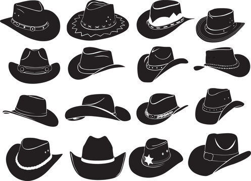 Cowboy Hat Vector. Set Of Cowboy Hat Silhouette On Transparent Background.