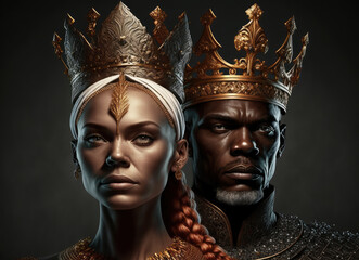 A Portrait of an african royal couple - king and queen against a black background. Created with Generative AI, no one recognisable. Not a real person.
