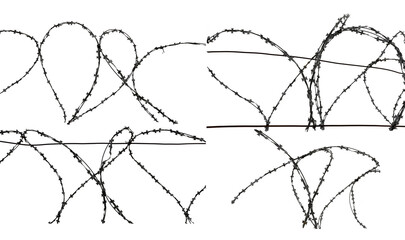 Barbed wire on a white background, a set of barbed wire of different shapes - obrazy, fototapety, plakaty