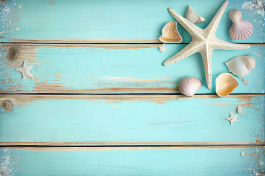 Seashells on wooden background - Old Rustic Wooden Boards Painted Light Blue with Chipped Paint and Shells and Starfish on the Upper Right Corner. 