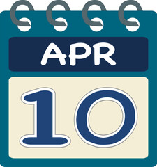 Flat icon calendar 10 of April. Date, day and month. Vector illustration . Blue teal green color banner. 10 Jun. 10th of Apr.