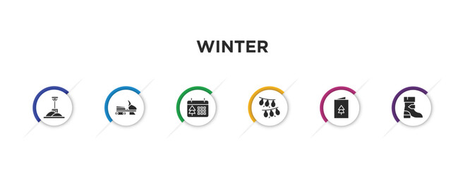 winter filled icons with infographic template. glyph icons such as winter shovel, snowmobile, christmas day, lights, christmas card, winter boots vector.