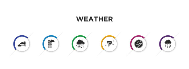 weather filled icons with infographic template. glyph icons such as calm, blanket of fog, sleet, tropical cyclone, light bolt, smog vector.