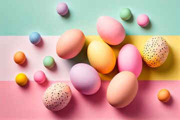 Obraz na płótnie Canvas colorful easter eggs, pink pastel background, Ai generative