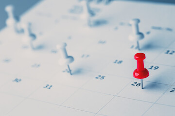 Fototapeta premium Embroidered red pins on a calendar event Planner calendar,clock to set timetable organize schedule,planning for business meeting or travel planning concept.