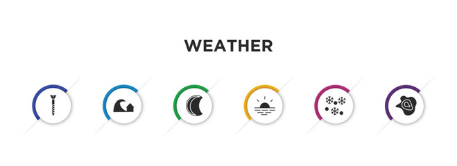 weather filled icons with infographic template. glyph icons such as bolt, tsunami, waning moon, sunshine, snowing, isobars vector. - obrazy, fototapety, plakaty