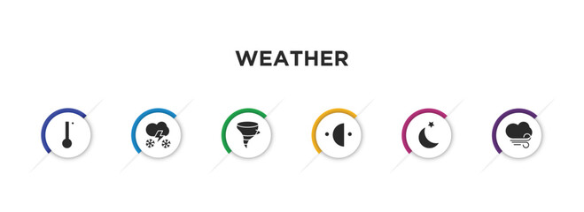 weather filled icons with infographic template. glyph icons such as degree, thundersnow, tornado, last quarter, twilight, icy vector.