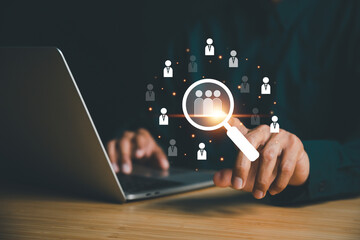 Businessman use computer,Customer Relationship Management, with global structure  Human Resources HR management recruitment employment headhunting concept.