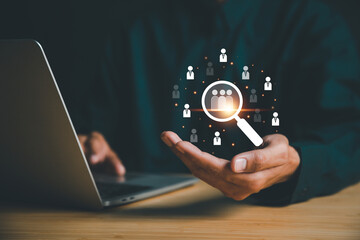 Businessman use computer,Customer Relationship Management, with global structure  Human Resources...