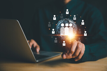 Businessman use computer,Customer Relationship Management, with global structure  Human Resources HR management recruitment employment headhunting concept.