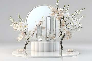 White product display podium with water reflection and blossom flowers on white background made with Generative AI