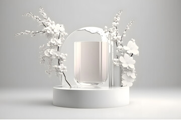 White product display podium with water reflection and blossom flowers on white background made with Generative AI