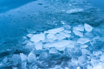 Ice frozen water on the river ice break debris