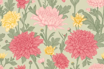 Poster Beautiful seamless pattern with hand drawn pink, red and yellow flowers of Chrysanthemum on a light olive background. Vector illustration of Chrysanthemum. Floral elements for textile design © ledelena