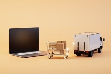 logistics of parcel delivery. an open laptop, a truck and a cart with parcels on a pastel background. 3D render