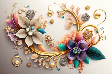 Realistic detailed flowers and leaves made of gold jewelry with precious gems on isolated white background, digital illustration for romantic wedding design. - obrazy, fototapety, plakaty