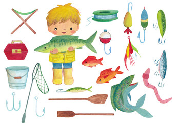 Fishing set. Watercolor hand drawn illustration on white background. Boy holding fish.