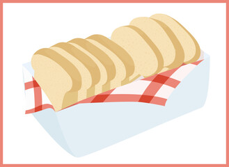 Fresh sliced bread in  white bowl with red checkered  napkin. Vector bakery  illustration isolated on white.