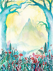 Watercolor landscape with trees, grass, flowers and mountains. Hand drawn illustration.