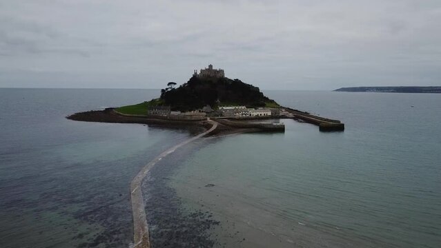 View from drone to the St. Michaels mount in Marazion England Cornwall, February 2023.