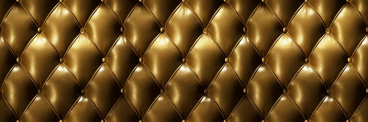 Seamless gold leather texture. Upholstery of leather buttoned gold color fabric. Elegant vintage quilted sofa background. generative ai