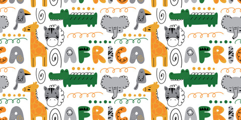 Children's pattern with African animals on a white background. Africa lettering and characters: zebra, elephant, giraffe, crocodile and toucan. Stylish children's drawing in cartoon style. Wild animal