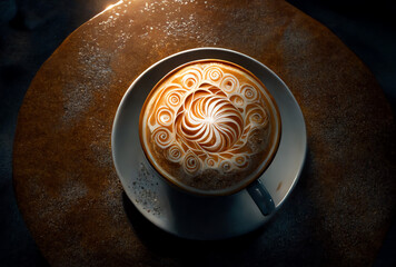 cup of cappuccino with elaborate design in foam, on table, isolated, generative ai